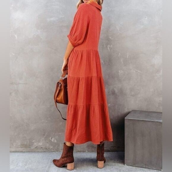 R. Vivimos Rust Red Tiered Midi Dress Women Small NWT Short Sleeves Button-Down - Picture 2 of 6